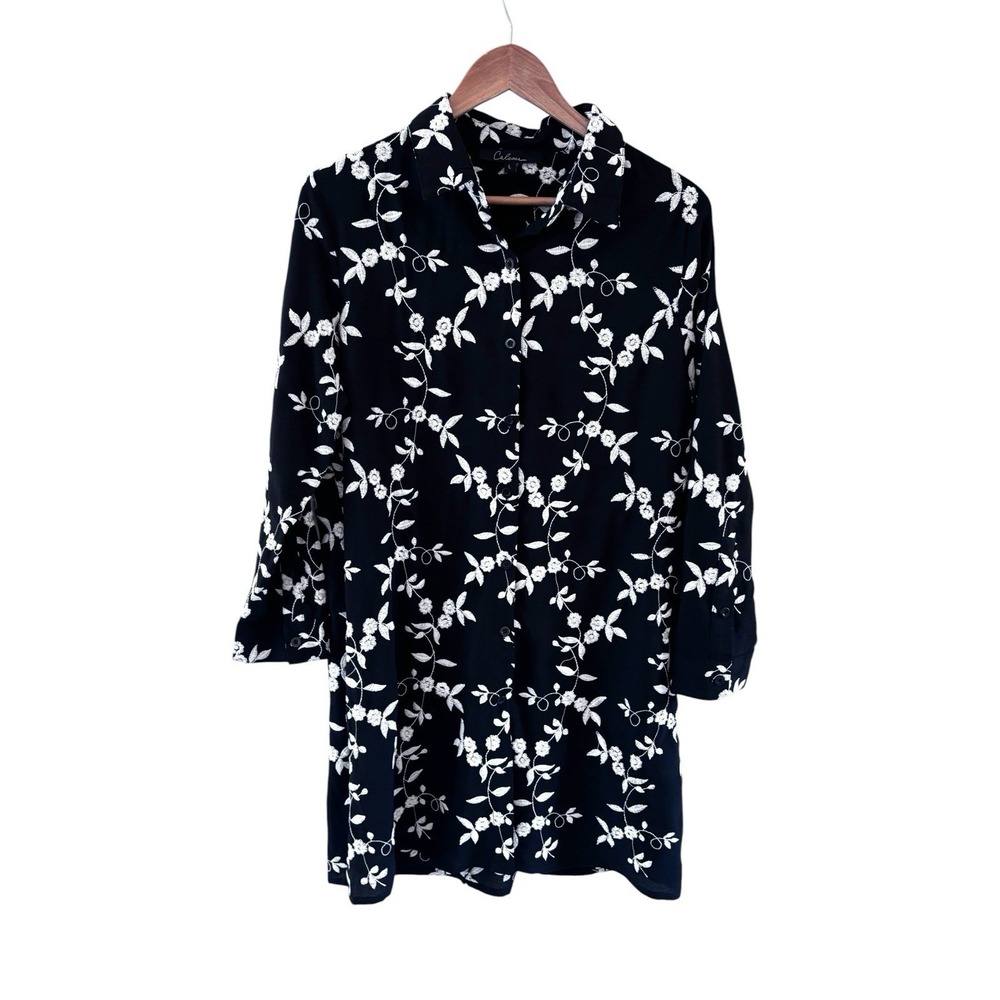 Calessa Floral Button Up Top Womens L‎ Black Boho Embroidered Lagenlook Artsy